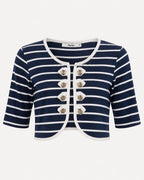 Nautical Navy & White Striped Cropped Jacket Gold Buttons - Sable & Red
