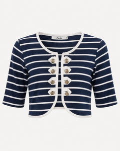 Nautical Navy & White Striped Cropped Jacket Gold Buttons - Sable & Red