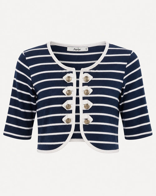 Nautical Navy & White Striped Cropped Jacket Gold Buttons - Sable & Red
