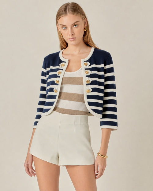 Nautical Navy & White Striped Cropped Jacket Gold Buttons - Sable & Red