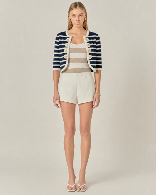 Nautical Navy & White Striped Cropped Jacket Gold Buttons - Sable & Red