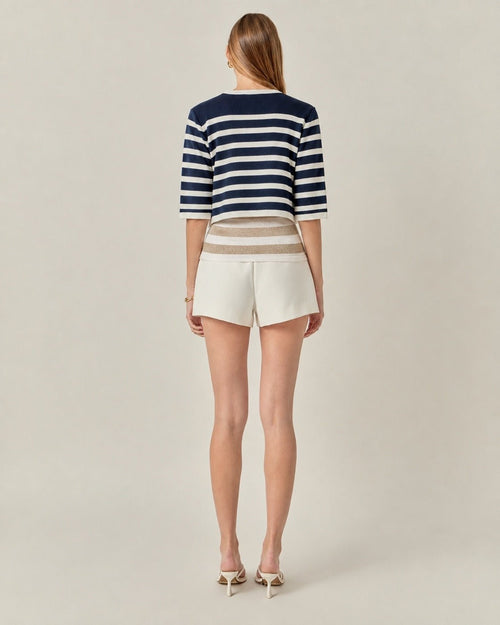 Nautical Navy & White Striped Cropped Jacket Gold Buttons - Sable & Red