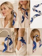 Nautical Print Skinny Silk Scarf Hair Neck Bag Accent - Sable & Red
