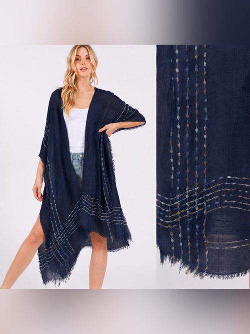 Navy Blue Boho Fringe Stitch Design Open Duster Kimono Cover-Up Shawl Wrap - Sable & Red