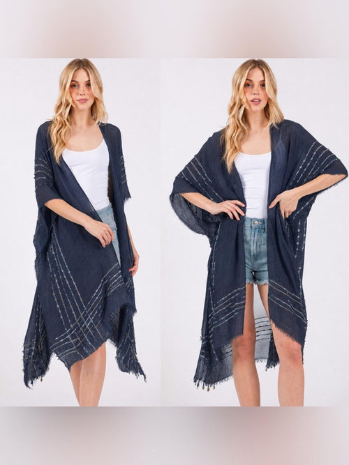 Navy Blue Boho Fringe Stitch Design Open Duster Kimono Cover-Up Shawl Wrap - Sable & Red
