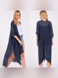 Navy Blue Boho Fringe Stitch Design Open Duster Kimono Cover-Up Shawl Wrap - Sable & Red