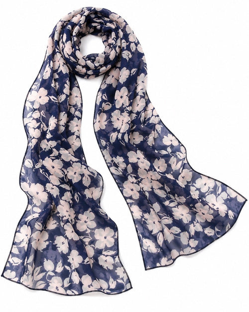 Navy & Pale Pink Floral Lightweight Scarf 67” x 8” - Sable & Red