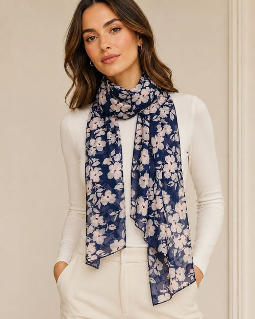 Navy & Pale Pink Floral Lightweight Scarf 67” x 8” - Sable & Red