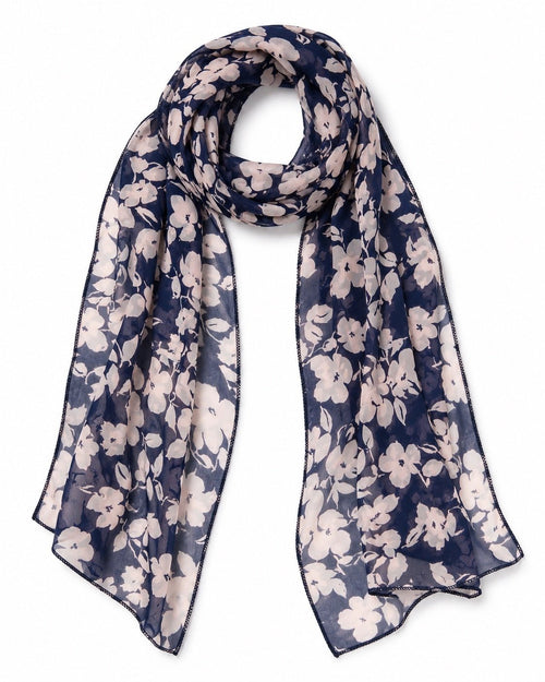 Navy & Pale Pink Floral Lightweight Scarf 67” x 8” - Sable & Red