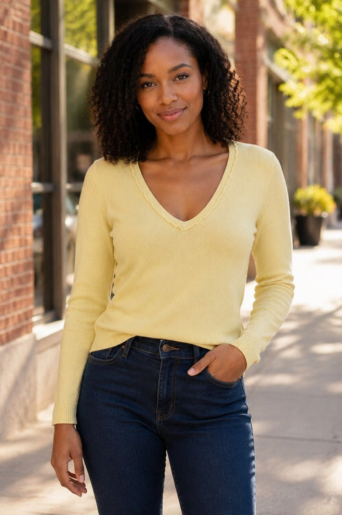 New York & Company Yellow V-Neck Sweater Acrylic Knit Top - Sable & Red