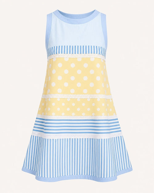Patchwork Polka Dot Stripe Sleeveless Summer Dress - Sable & Red