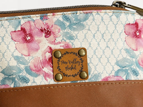 Pine Valley Market Floral Cosmetic Bag with Faux Leather Trim - Sable & Red