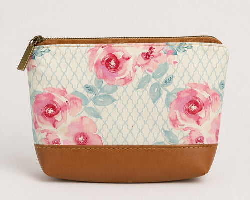 Pine Valley Market Floral Cosmetic Bag with Faux Leather Trim - Sable & Red