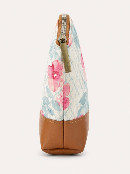 Pine Valley Market Floral Cosmetic Bag with Faux Leather Trim - Sable & Red
