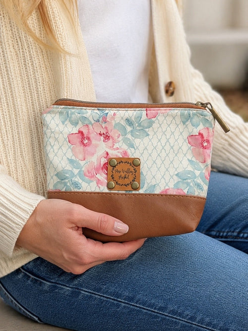 Pine Valley Market Floral Cosmetic Bag with Faux Leather Trim - Sable & Red
