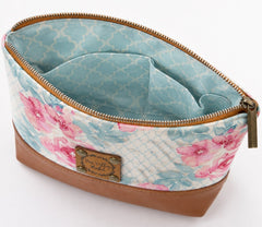 Pine Valley Market Floral Cosmetic Bag with Faux Leather Trim - Sable & Red