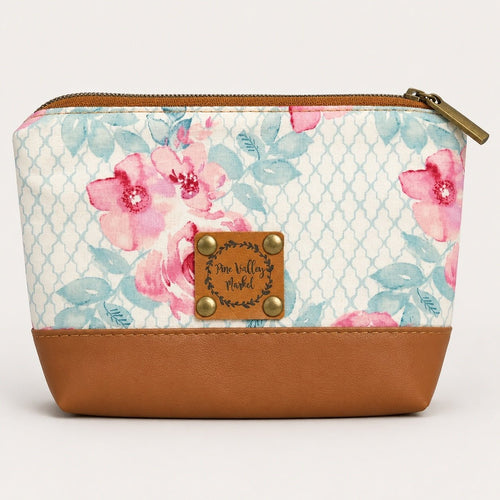 Pine Valley Market Floral Cosmetic Bag with Faux Leather Trim - Sable & Red