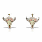 Pink and White Floral Bull Skull with Flowers Roses Resin Earrings - Sable & Red