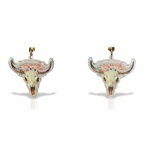 Pink and White Floral Bull Skull with Flowers Roses Resin Earrings - Sable & Red