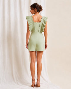 Pleated Ruffle Sleeve Romper Sage Green Size M Statement Playsuit - Sable & Red