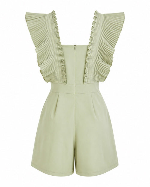 Pleated Ruffle Sleeve Romper Sage Green Size M Statement Playsuit - Sable & Red