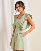 Pleated Ruffle Sleeve Romper Sage Green Size M Statement Playsuit - Sable & Red