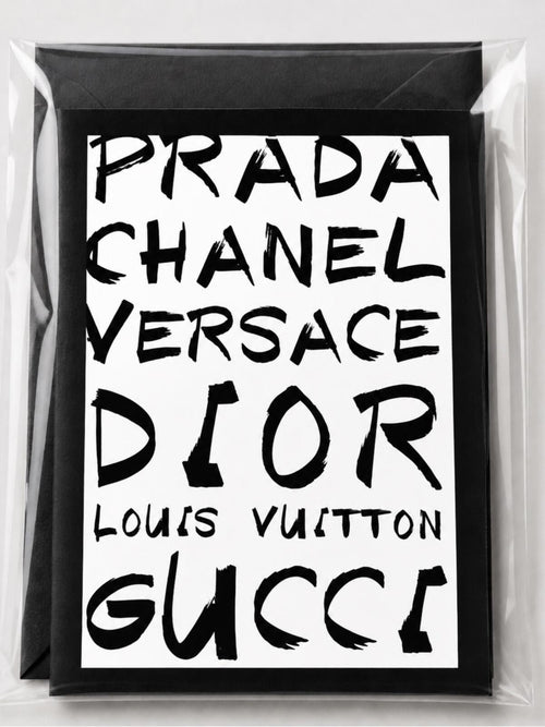 Prada, Chanel, Versace, Dior, Louis Vuitton, and Gucci Graphic Print Card Set - Sable & Red