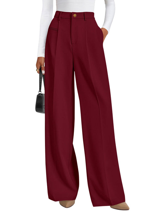 PRETTYGARDEN Women's Tailored Wide Leg Work Dress Pants - Sable & Red