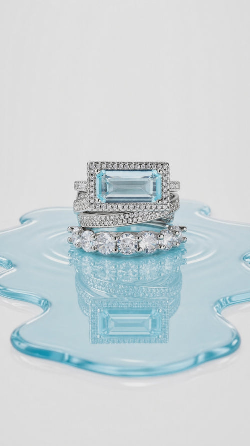 Aquamarine and Diamond 3 Ring Statement Stacked Ring Set - Women Jewelry