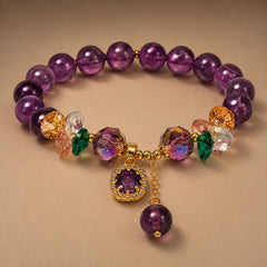 Purple Crystal Beaded Stretch Bracelet with Gold Charm Pendant - Sable & Red