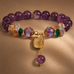 Purple Crystal Beaded Stretch Bracelet with Gold Charm Pendant - Sable & Red