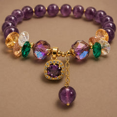 Purple Crystal Beaded Stretch Bracelet with Gold Charm Pendant - Sable & Red