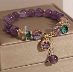 Purple Crystal Beaded Stretch Bracelet with Gold Charm Pendant - Sable & Red