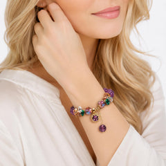 Purple Crystal Beaded Stretch Bracelet with Gold Charm Pendant - Sable & Red