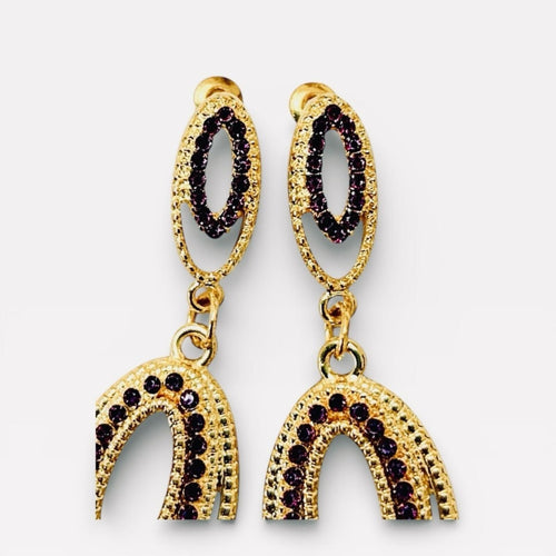 Purple Crystal Double Oval Drop Earrings – Multi Layer Tear Dangle - Sable & Red