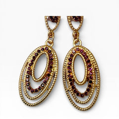 Purple Crystal Double Oval Drop Earrings – Multi Layer Tear Dangle - Sable & Red