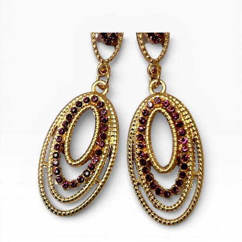 Purple Crystal Double Oval Drop Earrings – Multi Layer Tear Dangle - Sable & Red