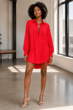 Red Pinstripe Lace-Up Oversized Shirt Dress - Sable & Red