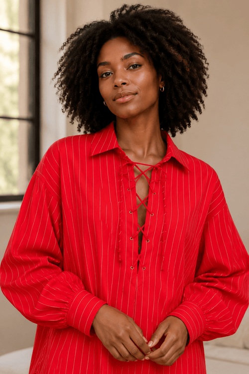 Red Pinstripe Lace-Up Oversized Shirt Dress - Sable & Red