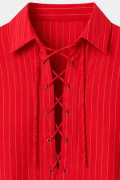 Red Pinstripe Lace-Up Oversized Shirt Dress - Sable & Red