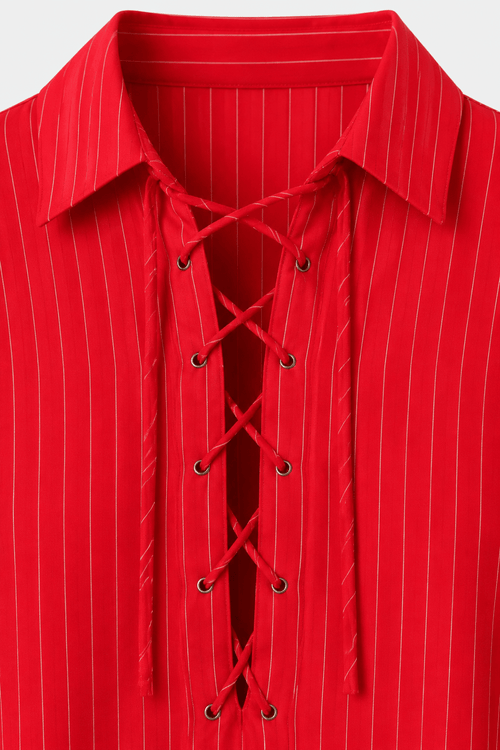 Red Pinstripe Lace-Up Oversized Shirt Dress - Sable & Red