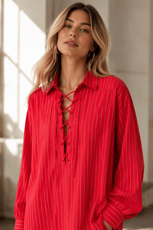 Red Pinstripe Lace-Up Oversized Shirt Dress - Sable & Red