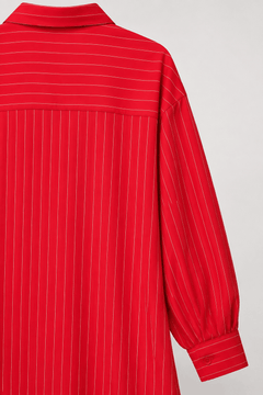 Red Pinstripe Lace-Up Oversized Shirt Dress - Sable & Red