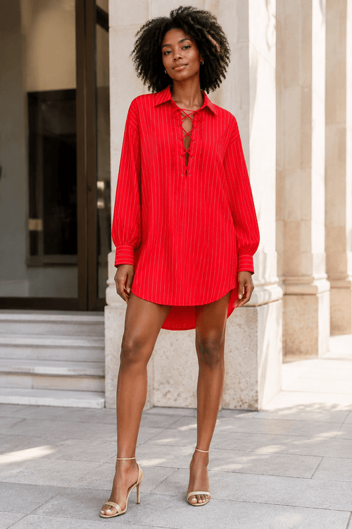 Red Pinstripe Lace-Up Oversized Shirt Dress - Sable & Red