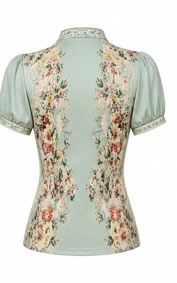 Retro Mint Green Floral Chiffon Zip-Up Top Size Small - Sable & Red