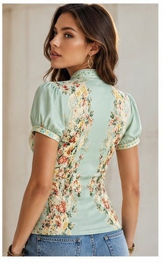 Retro Mint Green Floral Chiffon Zip-Up Top Size Small - Sable & Red