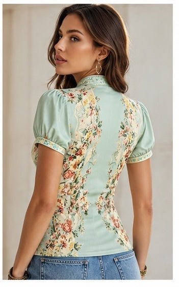 Retro Mint Green Floral Chiffon Zip-Up Top Size Small - Sable & Red