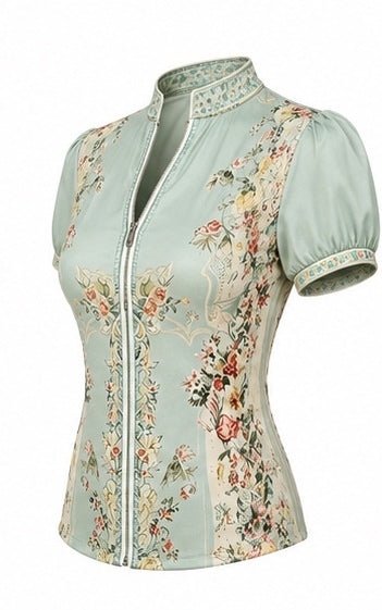 Retro Mint Green Floral Chiffon Zip-Up Top Size Small - Sable & Red