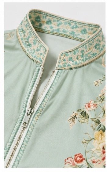 Retro Mint Green Floral Chiffon Zip-Up Top Size Small - Sable & Red