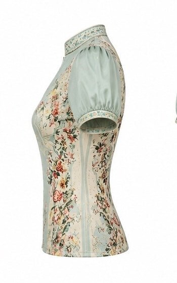 Retro Mint Green Floral Chiffon Zip-Up Top Size Small - Sable & Red